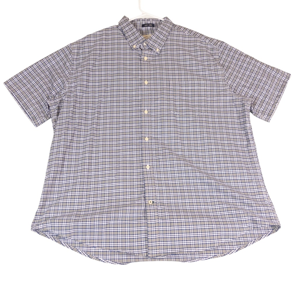 St Johns Bay Mens XXL Gray Blue Plaid Short Sleeve Button Down Shirt Easy Care